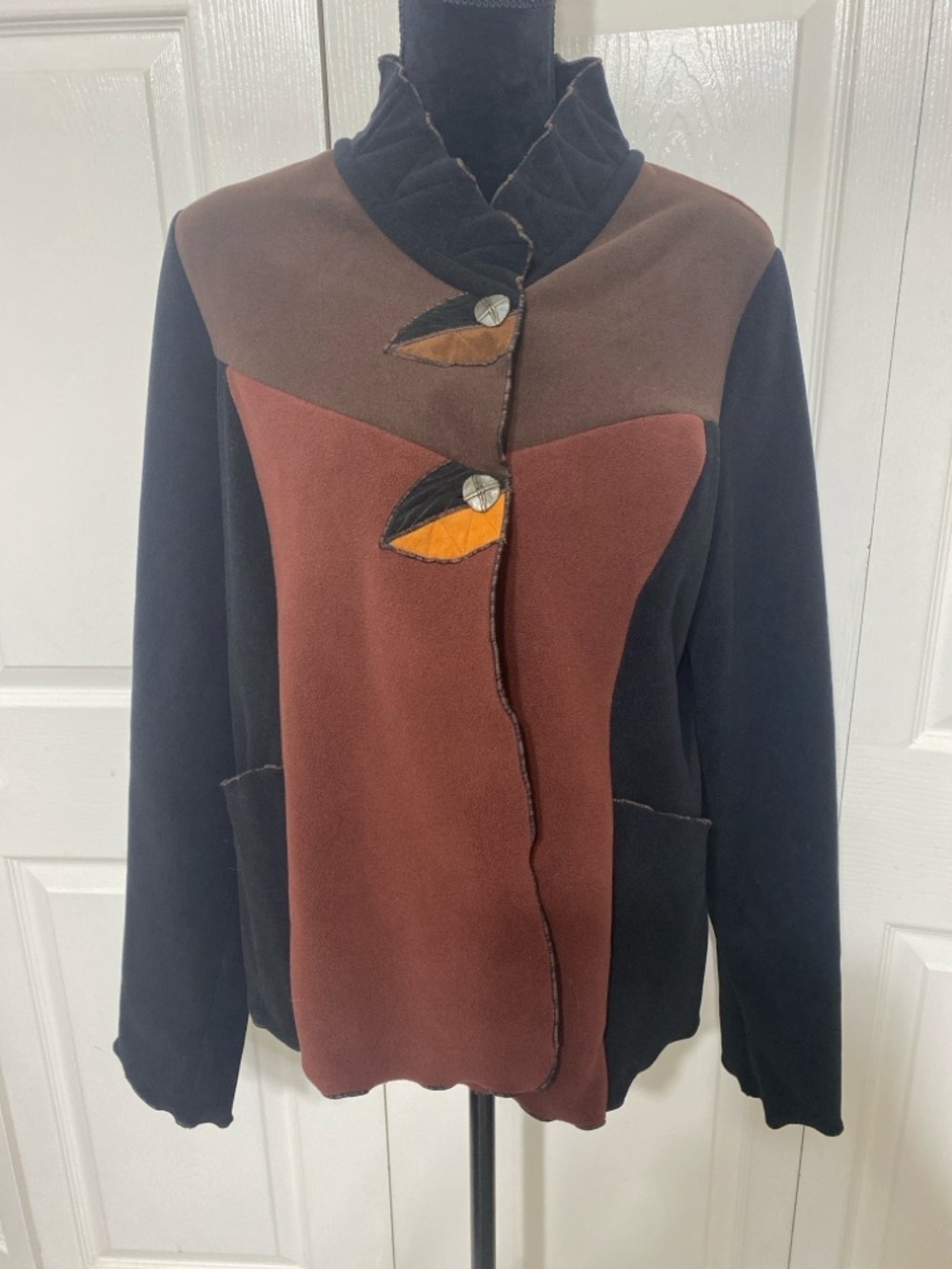 VTG Red Rover Fleece Jacket Color block Artsy Leaf Button Women’s Small
